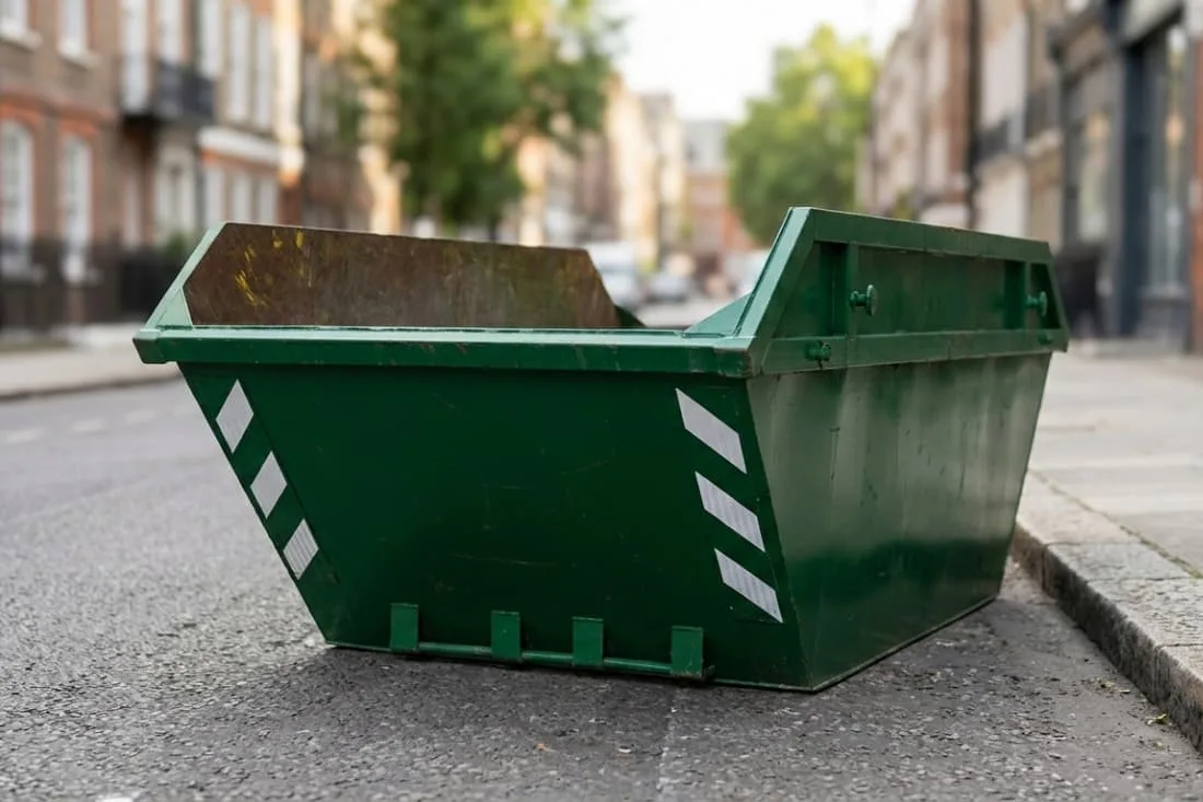 Skip Hire UK Fundamentals illustrated by an empty green skip placed on a urban street beside the pavement.