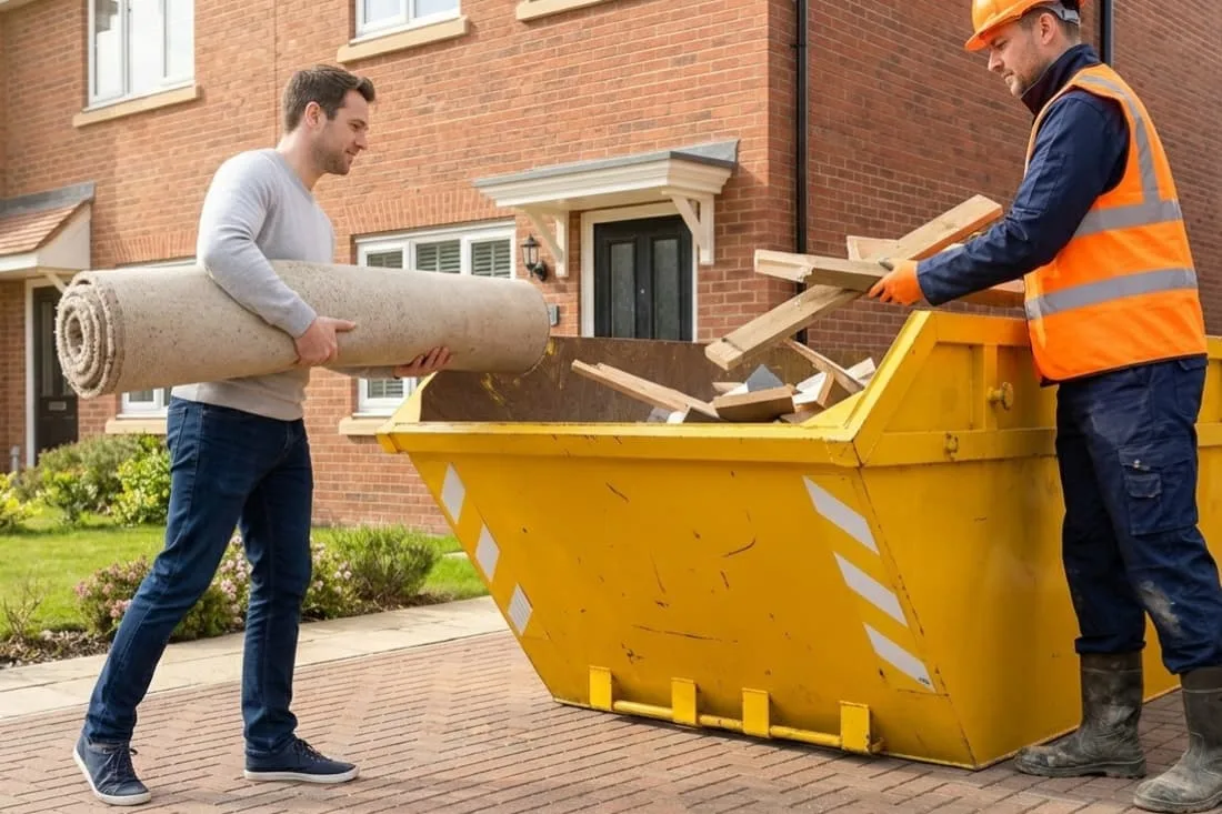 Skip Hire UK Fundamentals shown as two workers loading carpet and wood waste into a yellow skip outside a home.