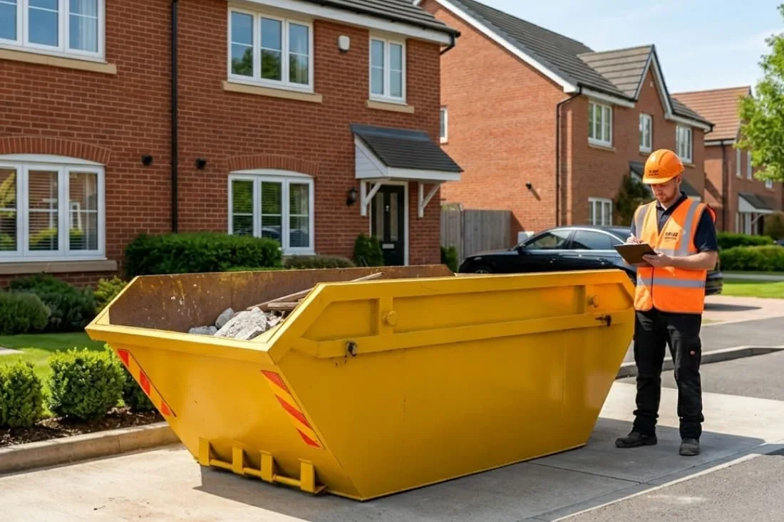 Skip hire service provider overseeing a container on a residential street, highlighting the role of skip hire in UK home improvement projects.