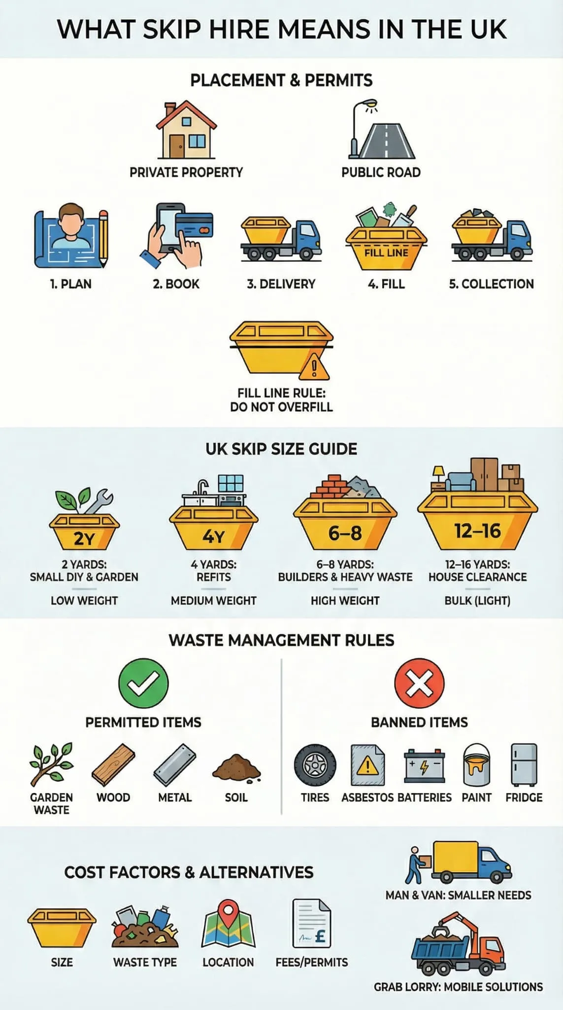 Visually informative guide outlining the placement, permitting, and usage guidelines for skip hire containers within British residential communities.