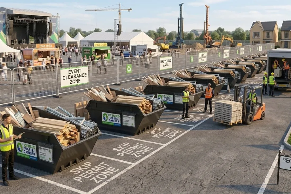 Large-scale event site featuring skip bins and licensed waste carriers, demonstrating the utility of skip hire services for major projects.