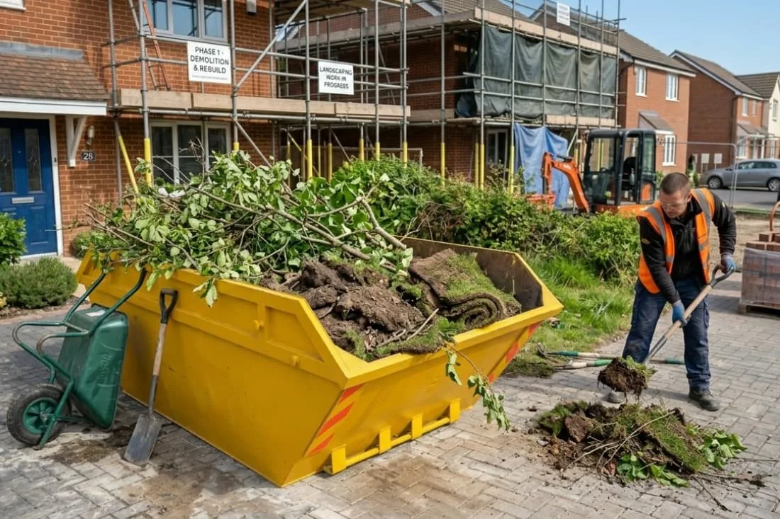 Worker clearing overgrowth and loading a skip container with garden waste, highlighting the convenience of skip hire services for landscaping projects.