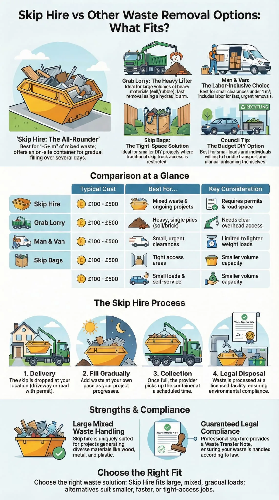 Skip hire vs other waste removal options infographic comparing grab lorry, man and van, skip bags, and council tip.