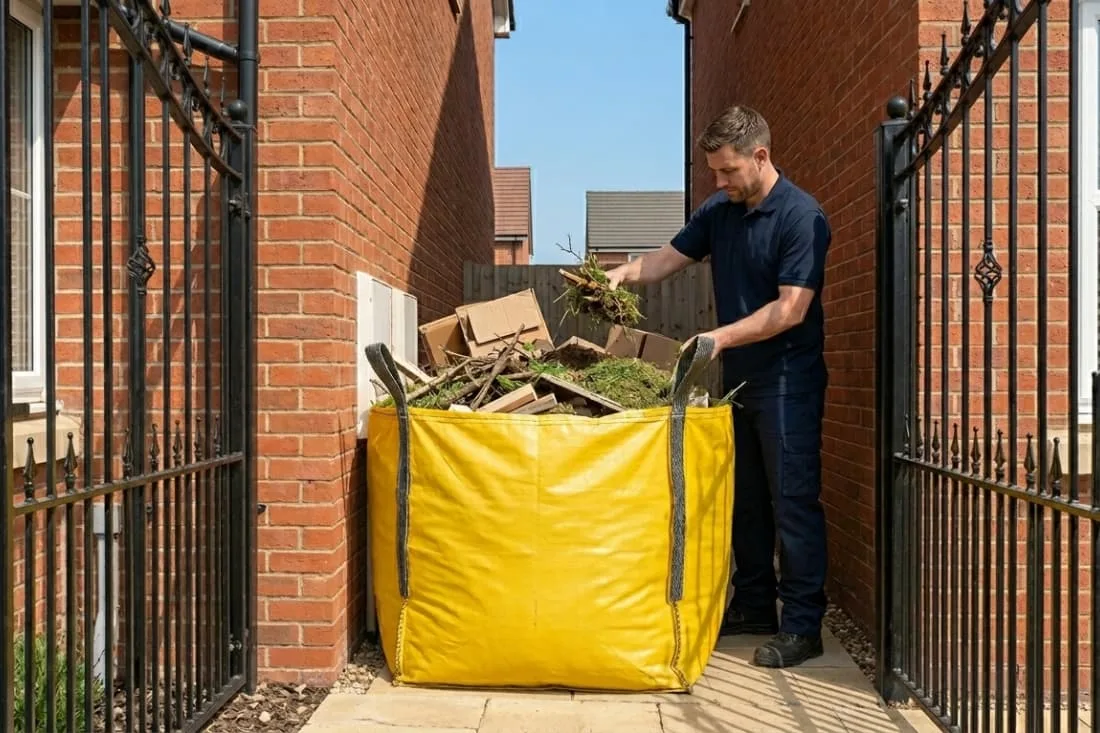 Skip hire vs other waste removal options shown as a man filling a yellow skip bag in a tight gated side access.