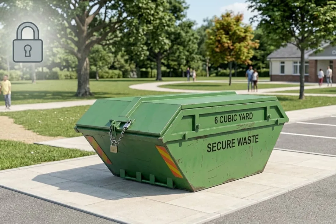 Skip types & container options featuring a lidded enclosed green skip with a padlock placed in a public park area.
