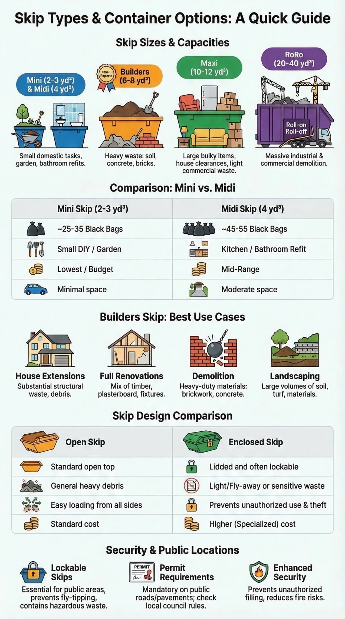 Skip types & container options quick guide infographic comparing mini, builders, maxi, and RoRo skips with design and permit info.