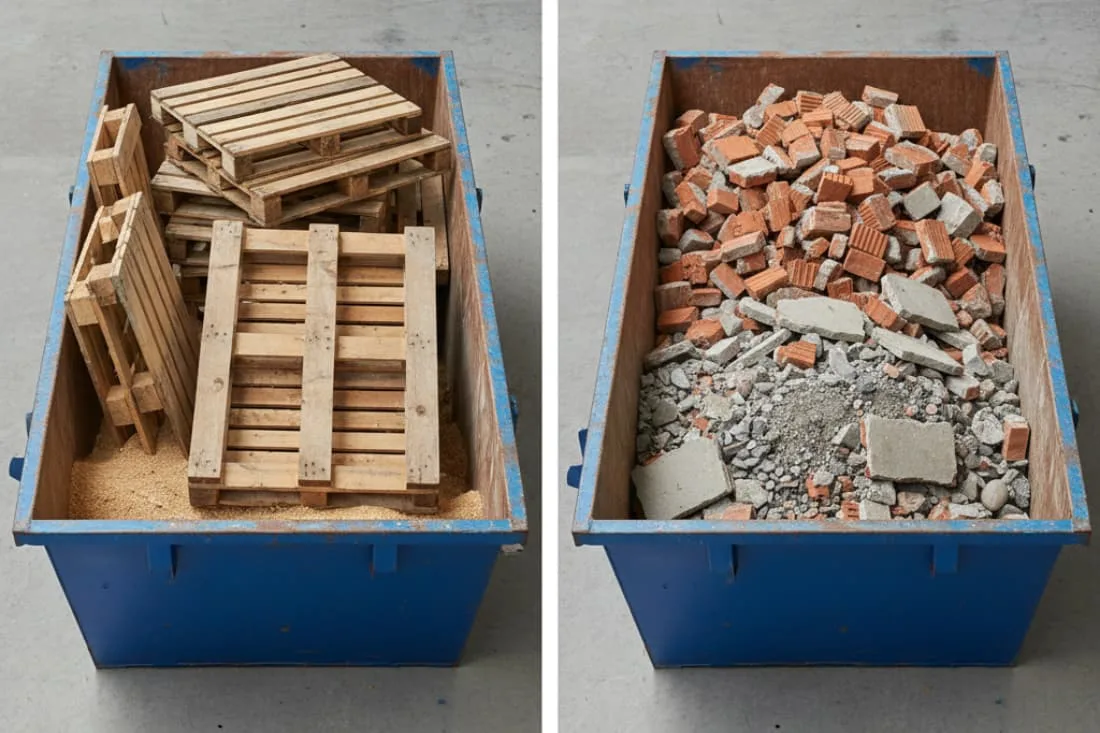 Different skip types explained simply with two blue skips showing wood pallet waste and brick rubble side by side.