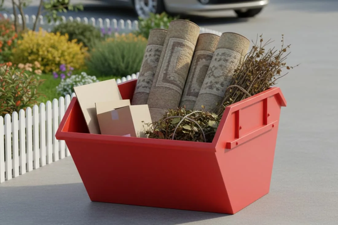 Mini skip vs midi skip differences illustrated by a compact red mini skip filled with rolled carpets and garden waste.