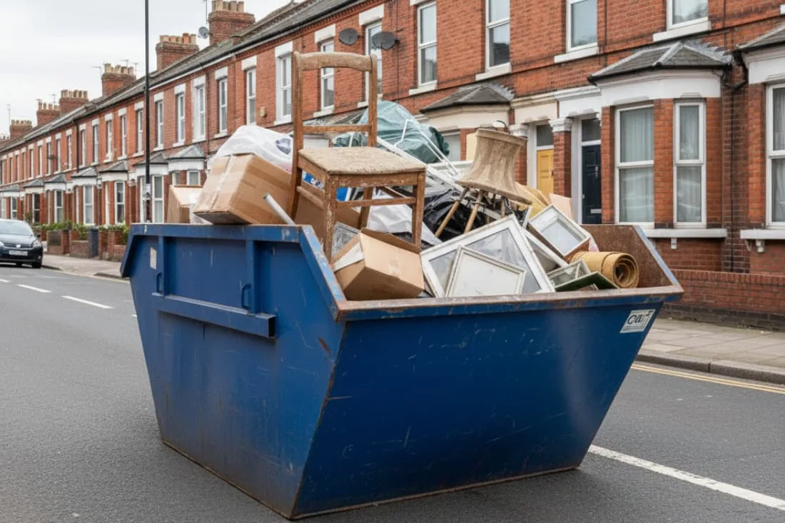 Builders skip best use cases shown as a large blue skip filled with furniture and house clearance waste on a residential road.