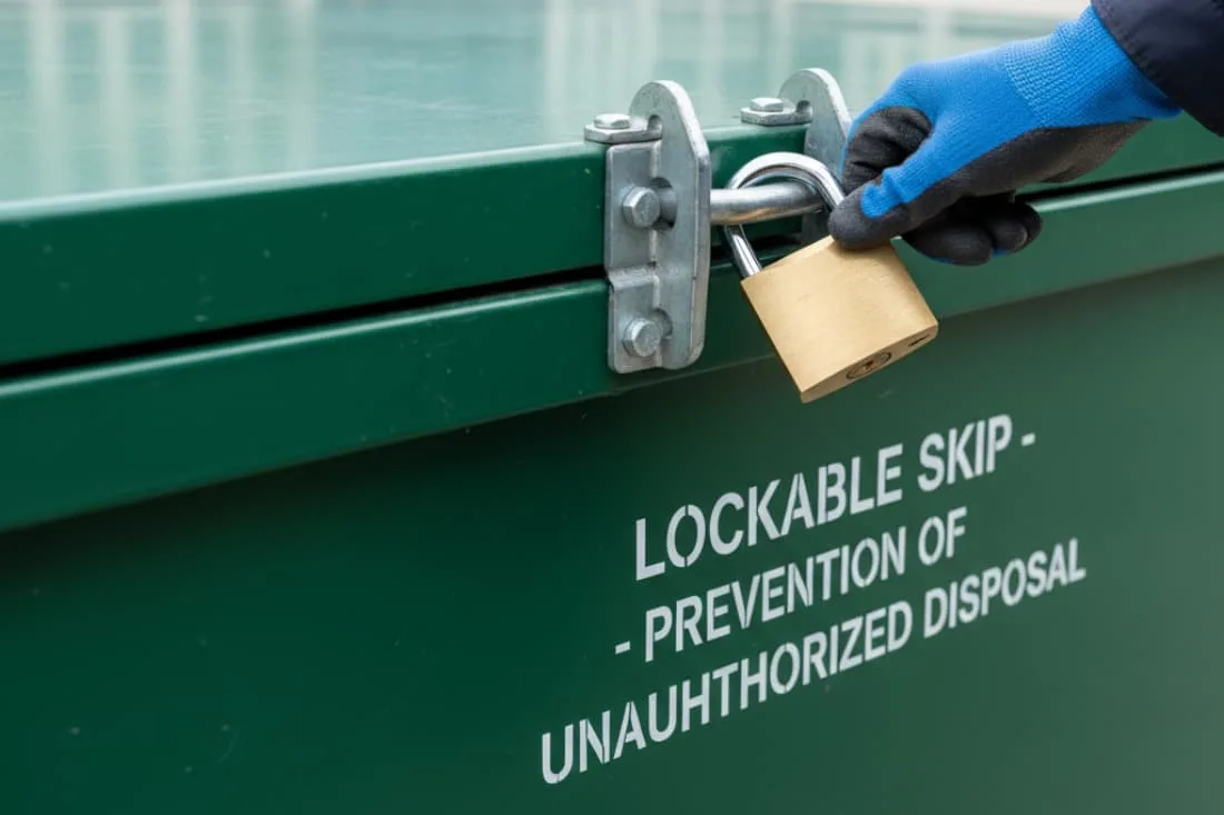 Lockable skips for public locations illustrated by a gloved hand securing a brass padlock on a green enclosed skip lid.