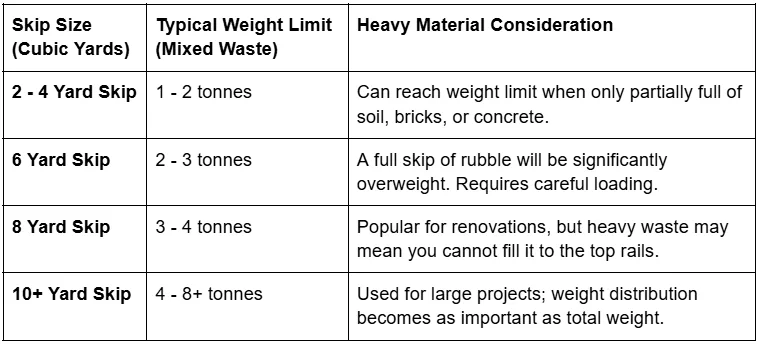 A table comparing skip sizes to their specific weight limits and overloading risks for various materials.