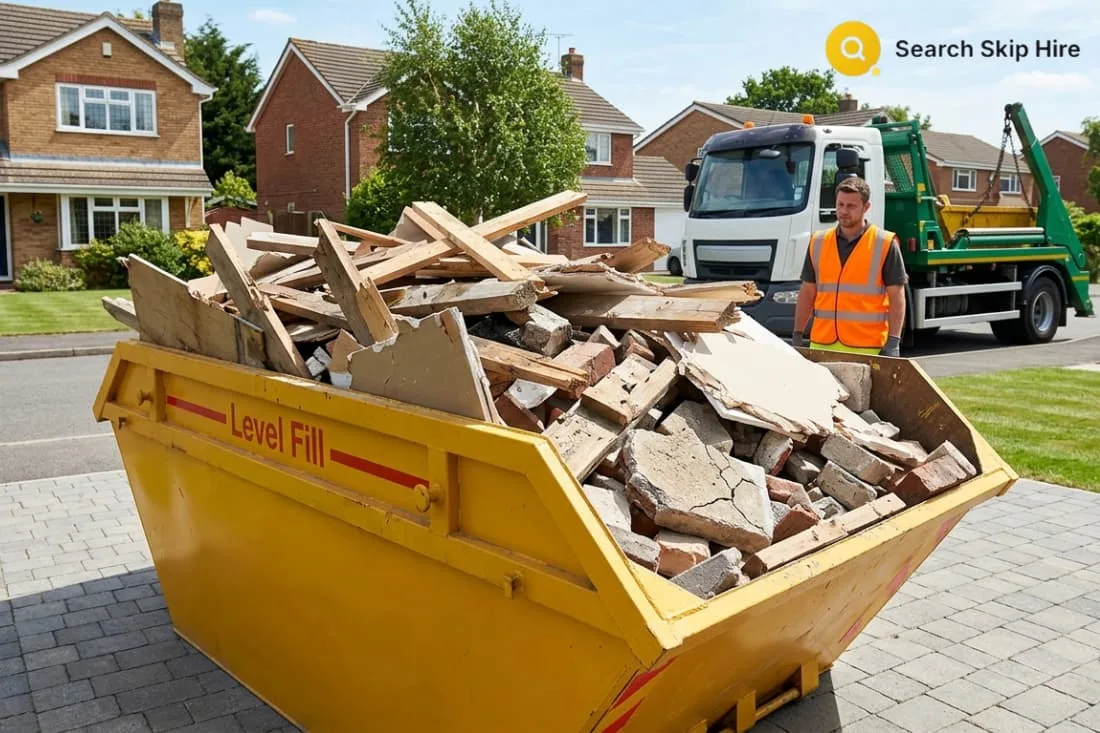 A driver inspecting waste to see what happens if a skip is overfilled before attempting a collection.