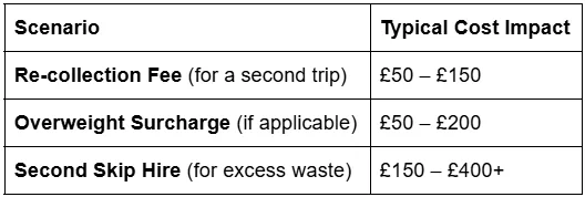 A table showing the financial impact of what happens if a skip is overfilled, including surcharge fees.