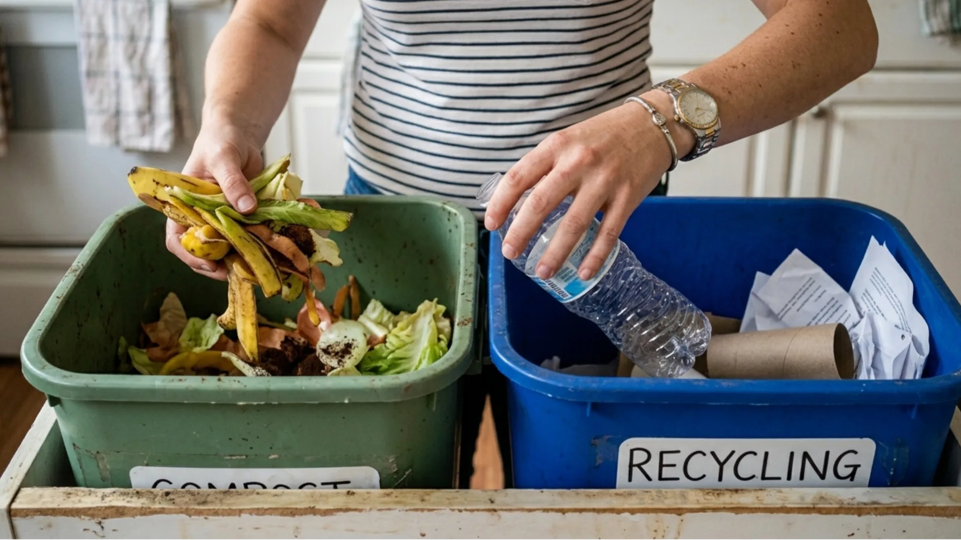Person placing kitchen food scraps into a green bin and a plastic bottle into a blue recycling bin, indoors near cabinets.