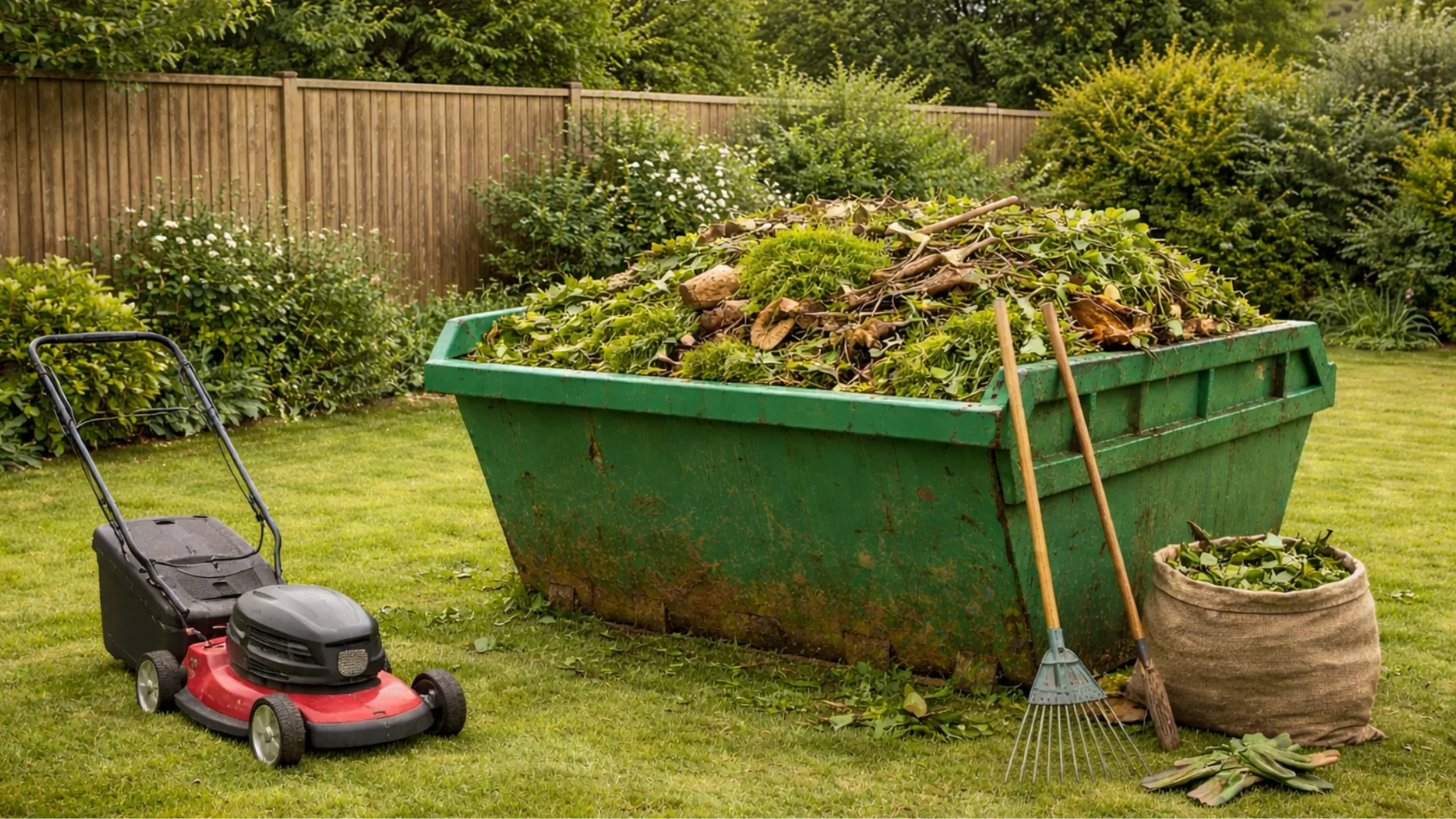 A green compost bin in a backyard filled with chopped yard waste, with a red lawn mower in the foreground, a rake and pitchfork nearby, and a bag of leaves and grass clippings to the right.