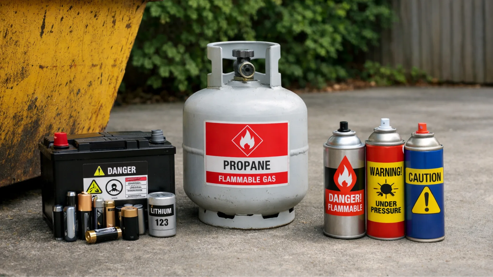 Driveway scene with batteries, propane tank, and aerosol cans placed beside a skip bin, clearly separated and labeled as hazardous, not for disposal inside.