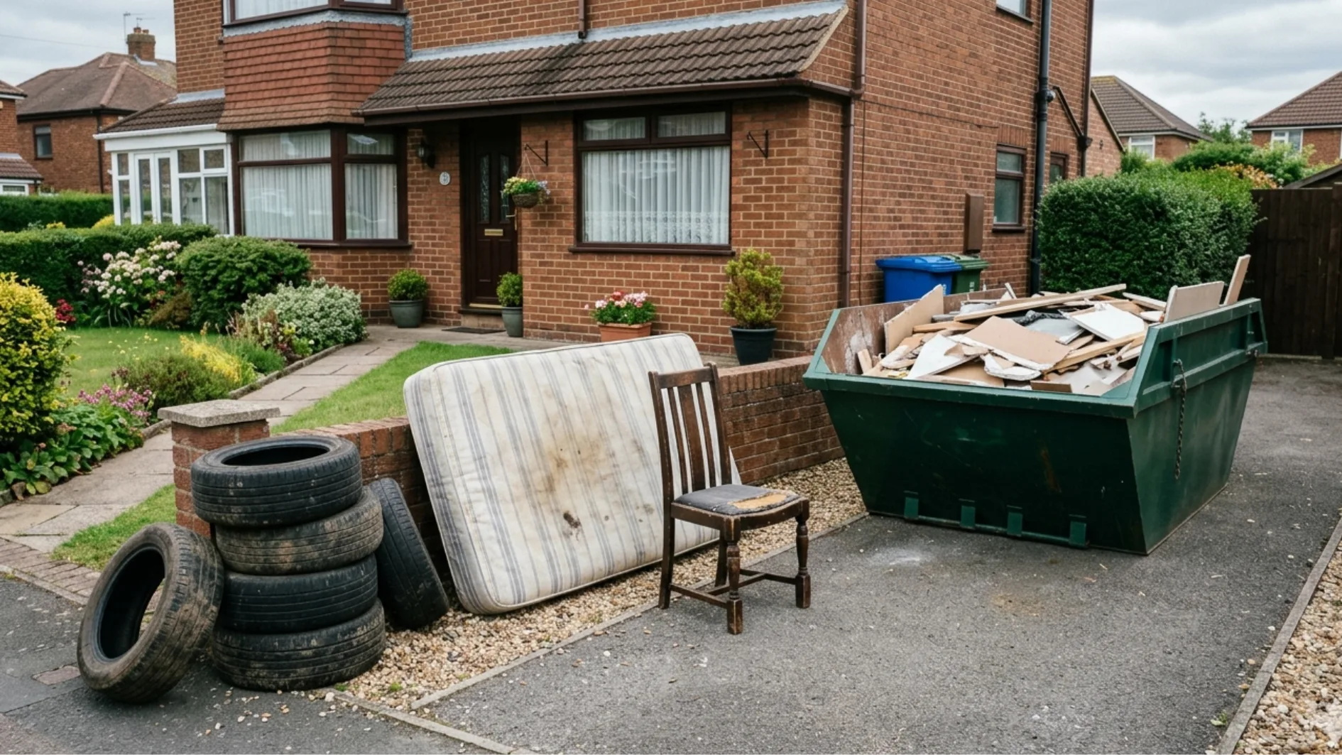 A photo of a green skip bin in a driveway with a stack of tires, a dirty mattress, and a wooden chair grouped together beside it in front of a house.