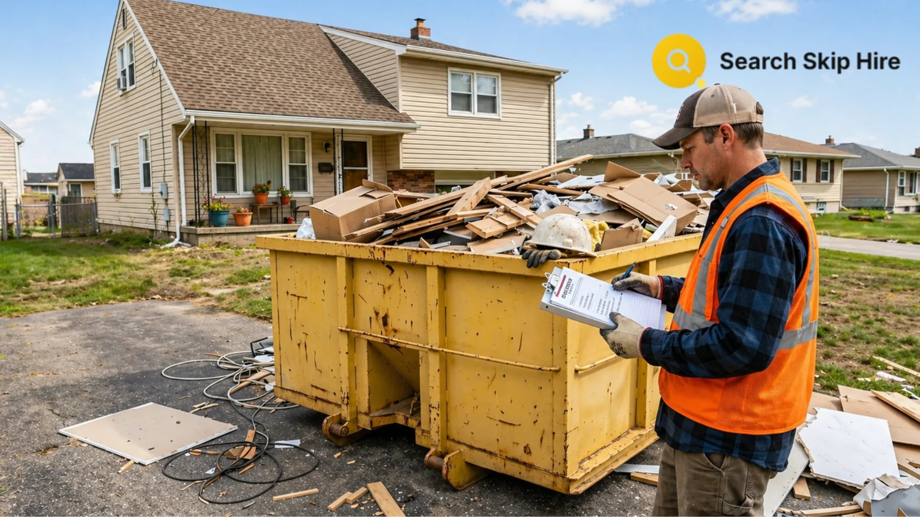 Worker in orange vest writing on clipboard beside a yellow dumpster full of debris in a suburban driveway in front of a house.