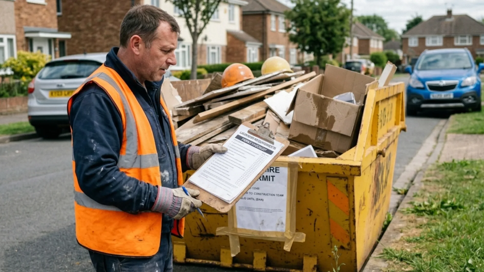 Worker in orange vest checking a clipboard beside a yellow dumpster filled with construction debris on a residential street with parked cars and houses.