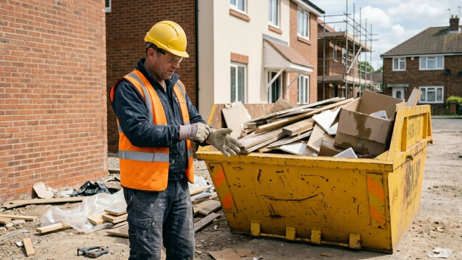 Worker in hard hat and orange vest adjusting gloves beside a yellow dumpster filled with construction debris at a residential building site.