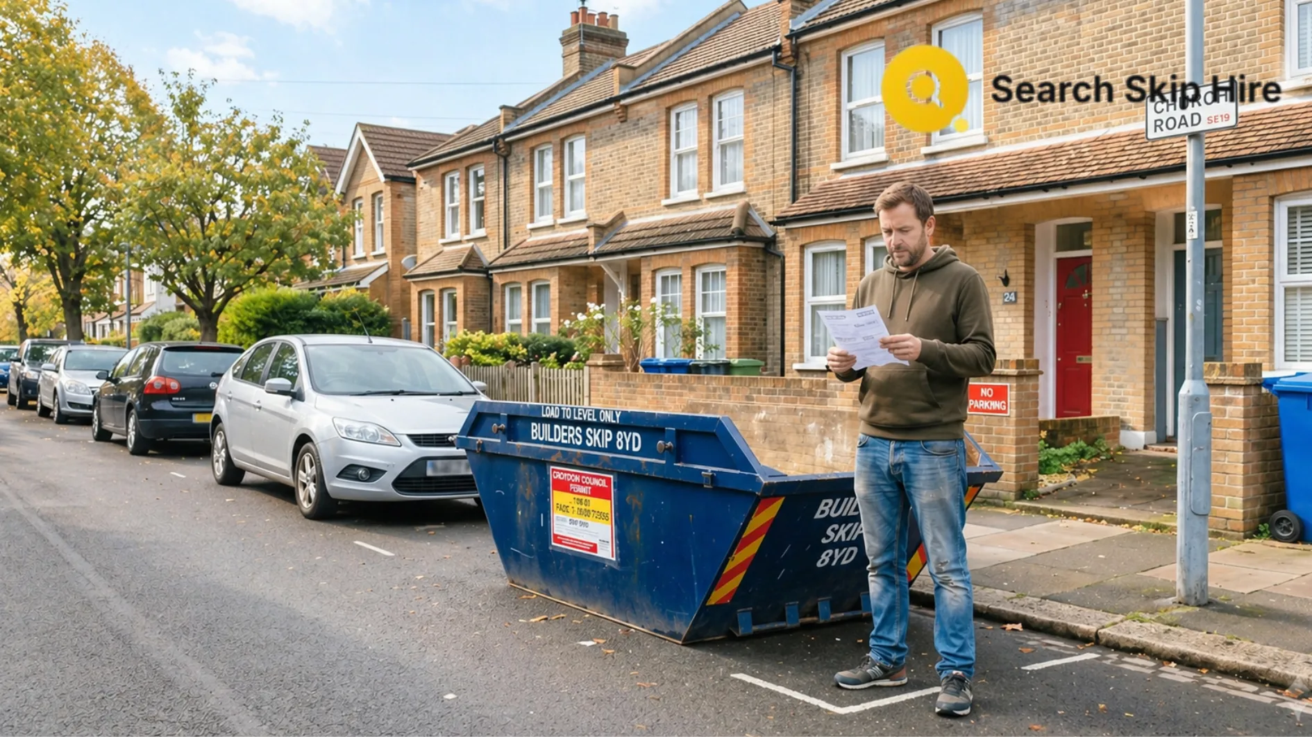 Man reading a document beside a blue construction skip on a residential street lined with brick houses and parked cars, under an overcast sky.