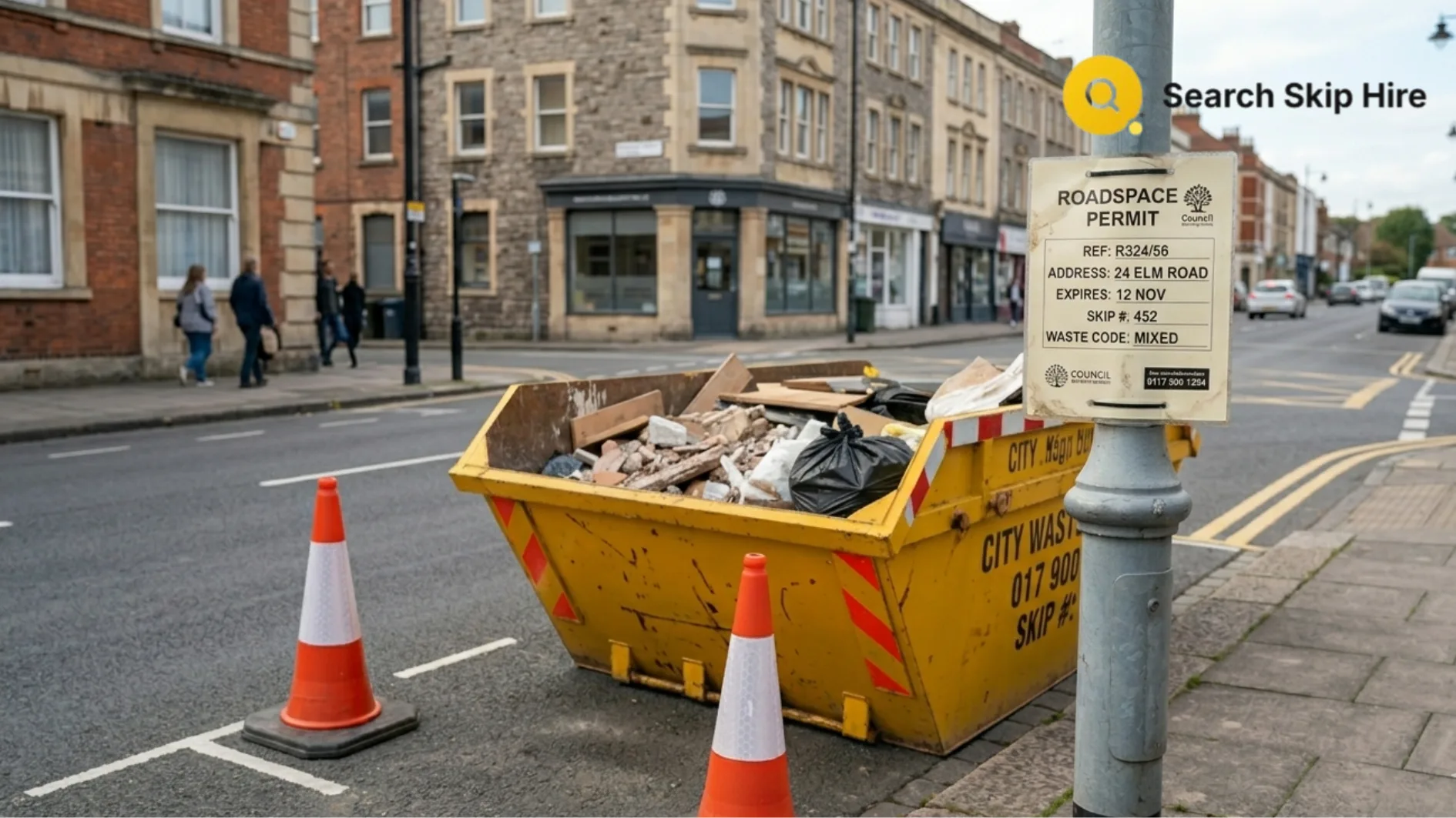 Yellow skip bin on a UK street with traffic cones and a council roadspace permit sign attached to a lamppost, surrounded by residential buildings.