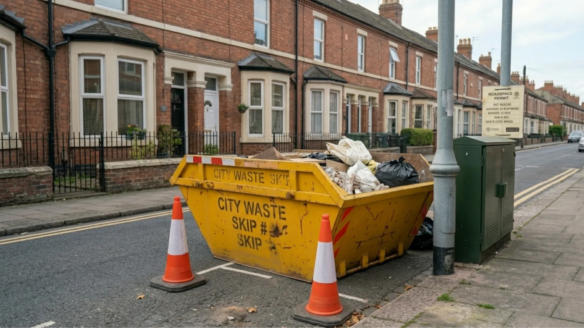 Yellow skip with debris on a UK residential street, marked by traffic cones and a roadspace permit sign on a nearby lamppost.