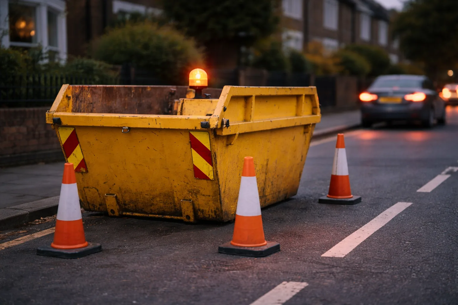 Skip with safety lights and reflective markings on UK road at dusk for visibility compliance