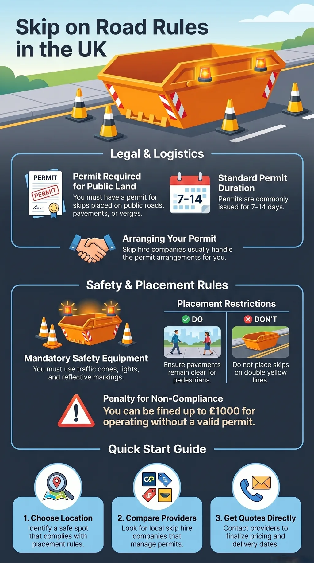 Infographic showing UK skip road rules, permits, safety equipment, placement restrictions, penalties, and quick start guide with illustrated icons. 