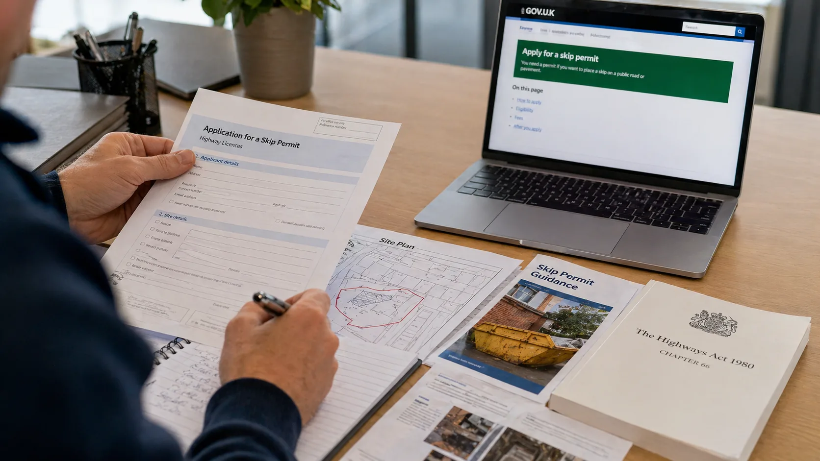 Person reviewing UK skip permit regulations and legal documents on a desk with a laptop 