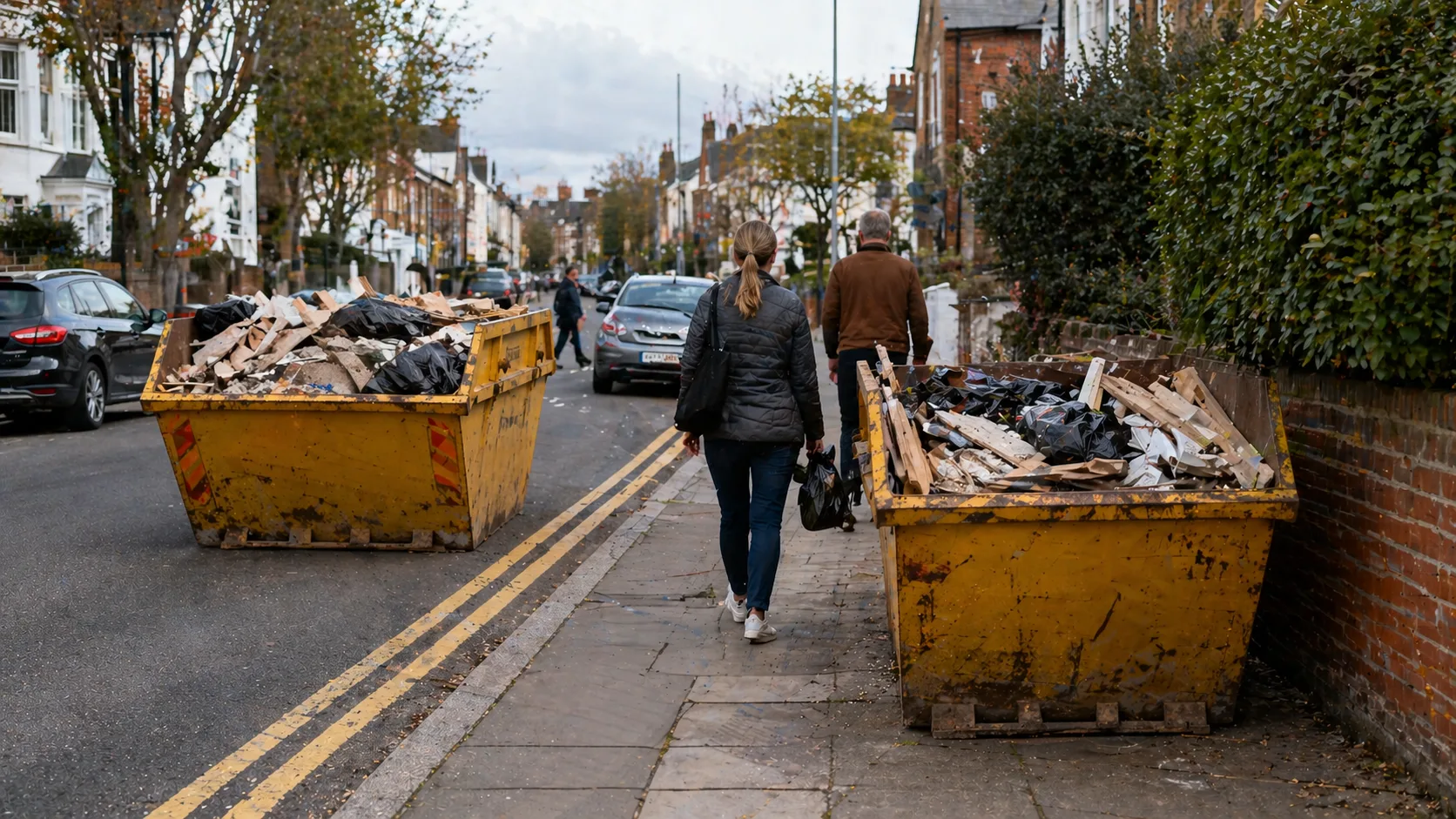 Examples of illegal skip placement including blocked pavement and missing safety equipment on a UK street 