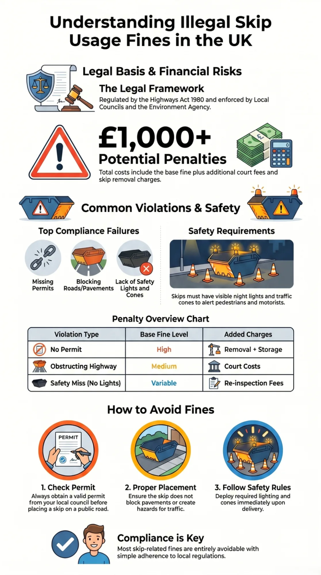 Infographic explaining UK illegal skip usage fines, common violations, penalty levels, safety requirements, and steps to avoid fines.