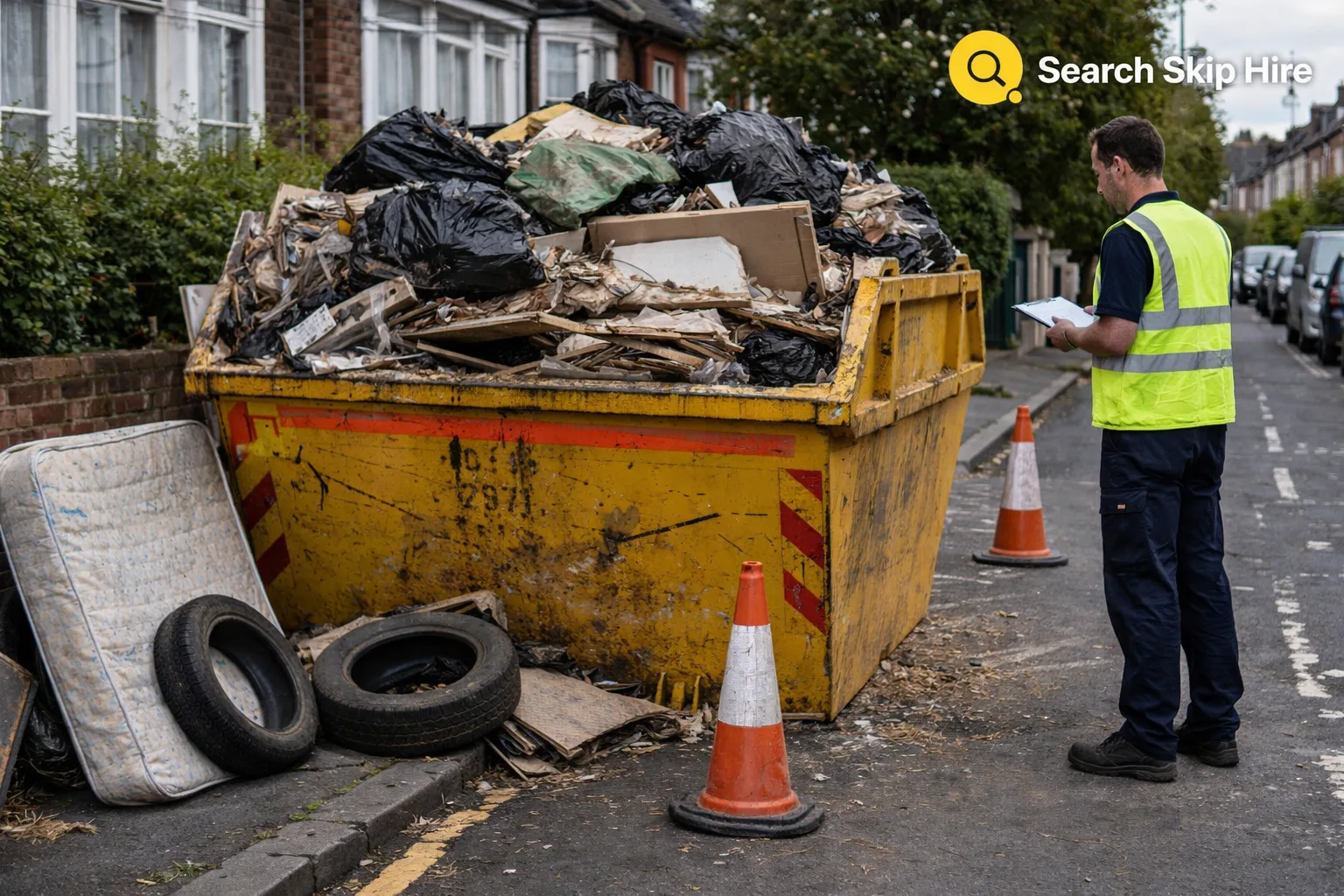 Worker inspects overflowing yellow skip with debris, tires, and mattress on a residential street.