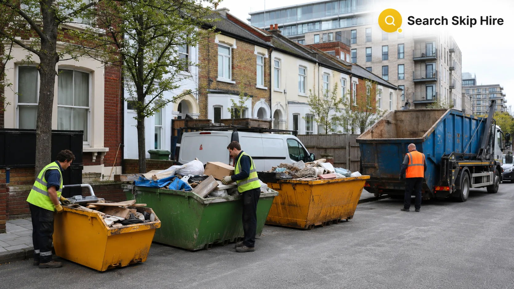 Different skip sizes in a UK residential and commercial area showing waste disposal and pricing factors.