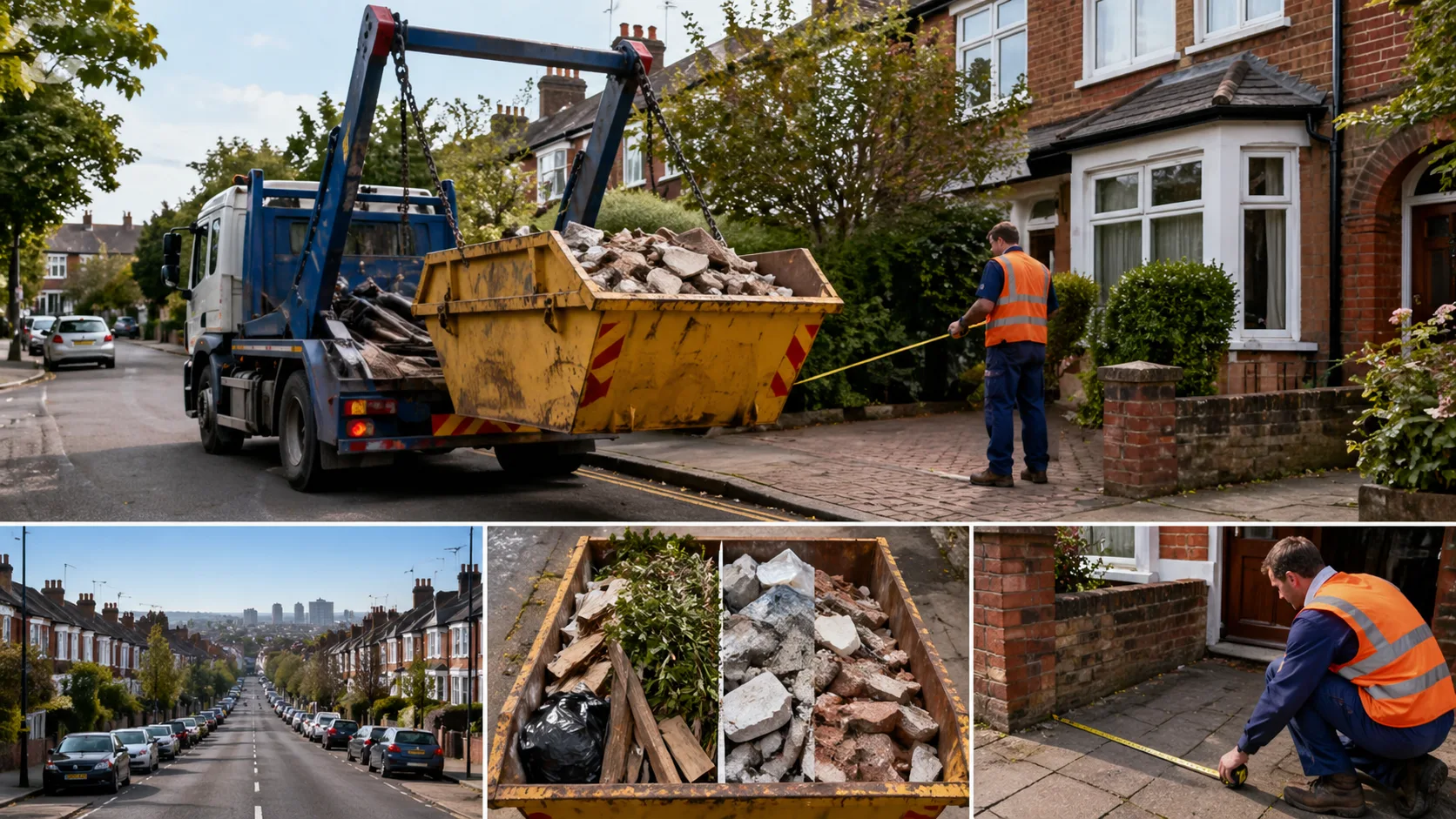Skip hire costs UK infographic showing price by skip size, regional differences, fees, and cost-saving tips