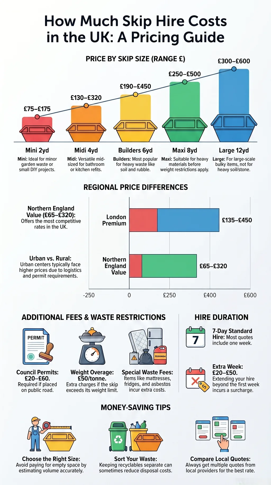 Infographic showing UK skip hire costs by skip size, regional price differences, extra fees, hire duration, and money-saving tips.