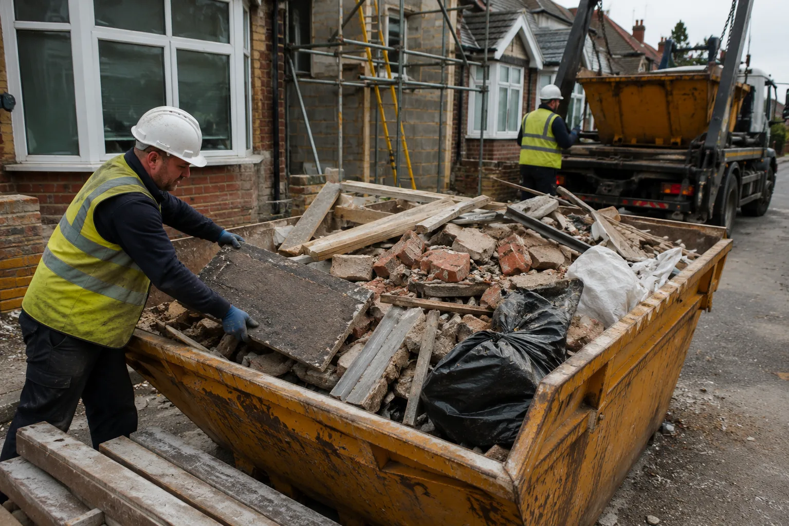 Builders skip with construction waste during a UK home renovation project.