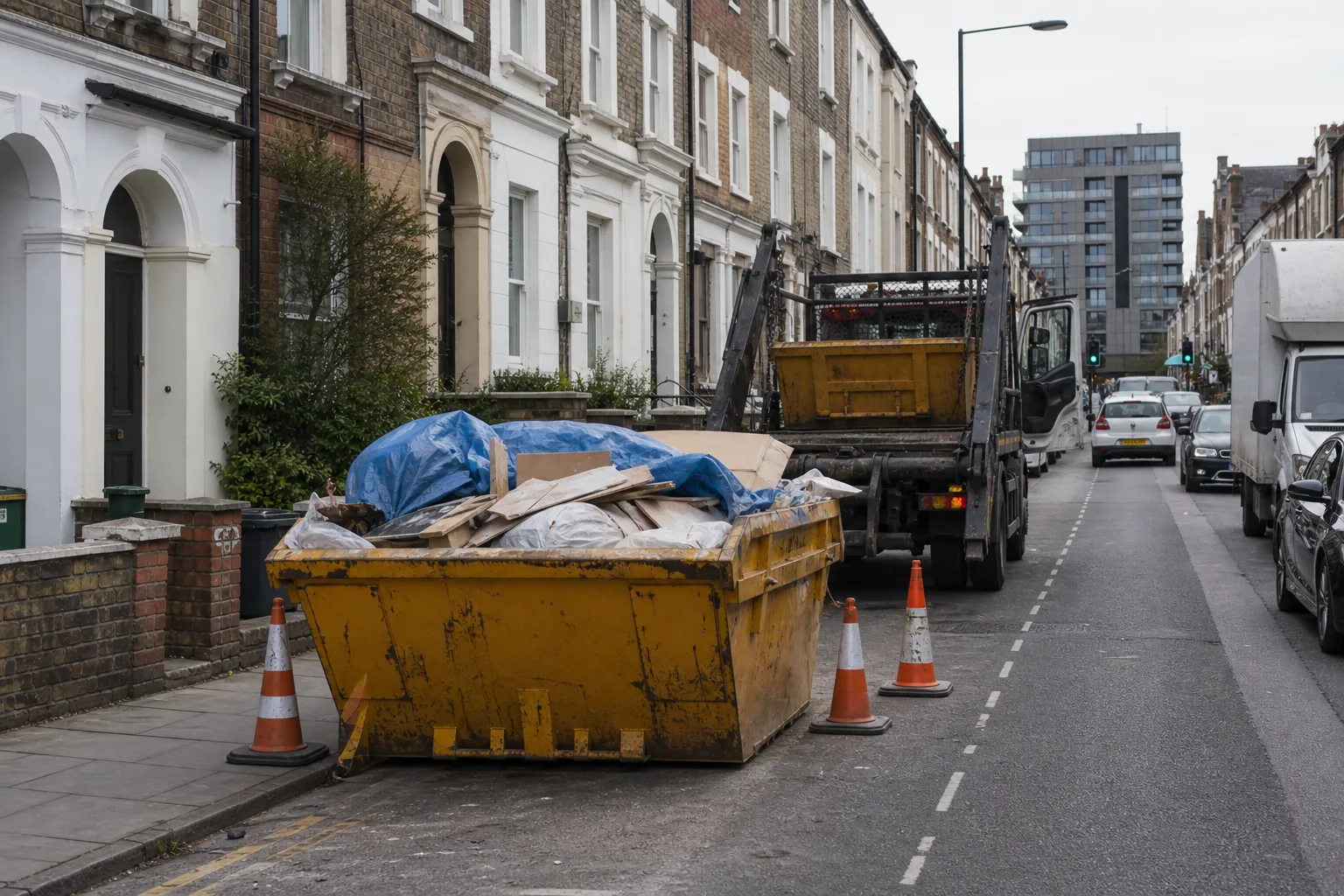Roadside skip hire placement on a busy UK urban street with limited access and parking.
