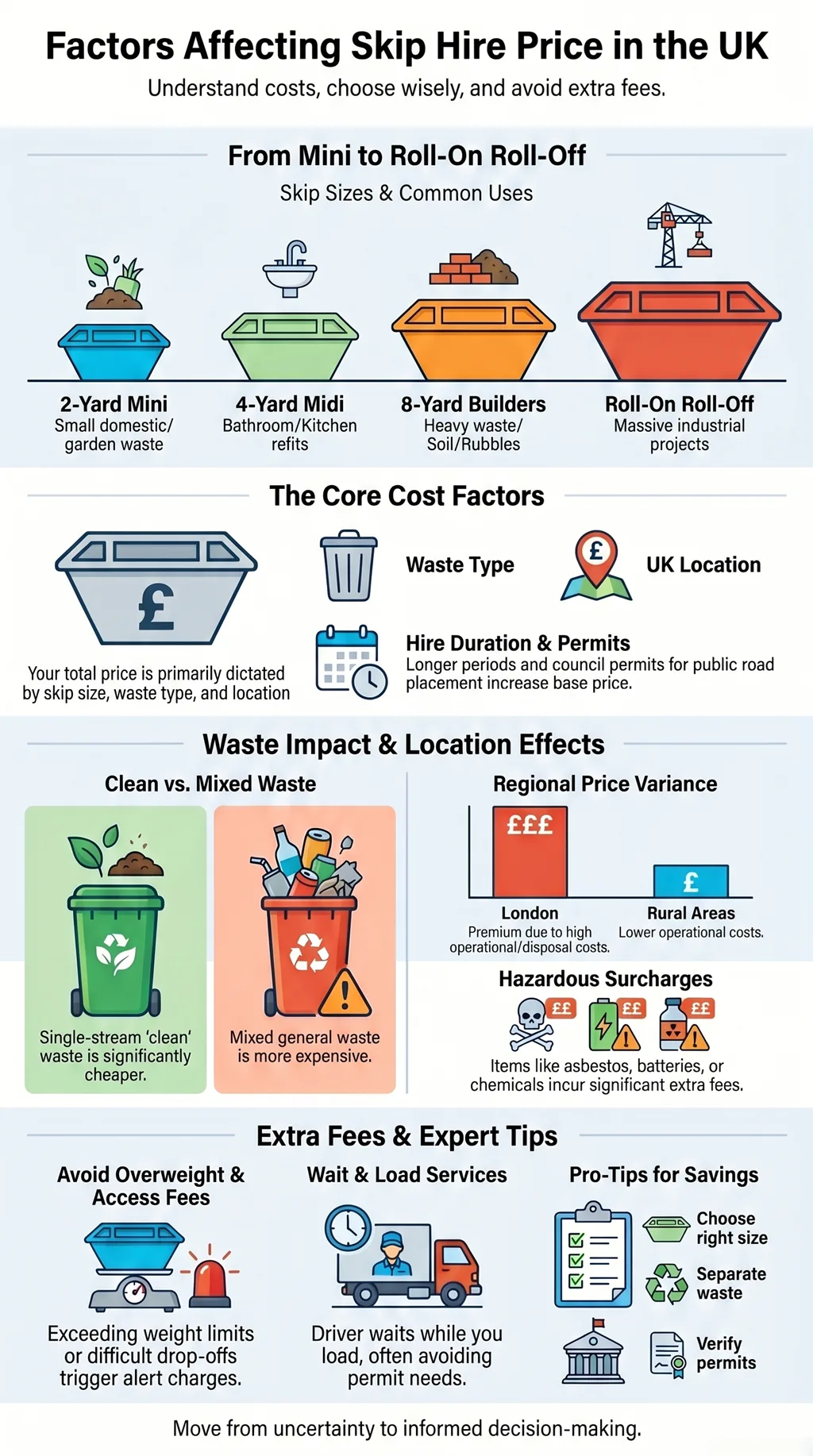 Infographic explaining UK skip hire prices, skip sizes, waste types, permits, regional costs, and tips to avoid extra fees.
