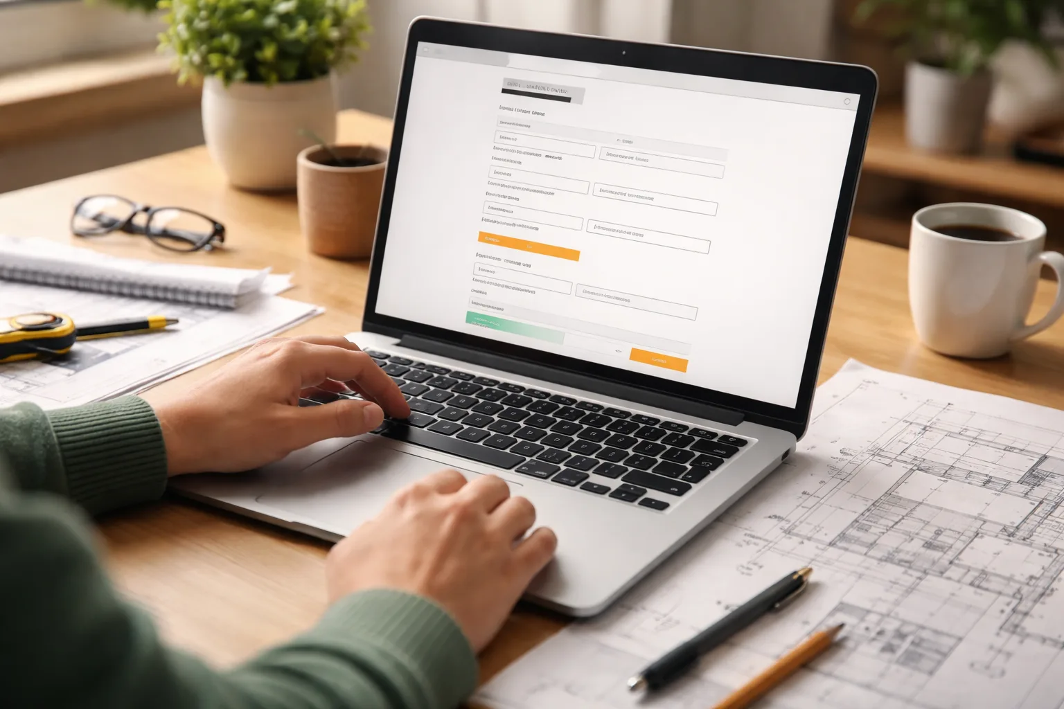 Person applying for skip permit online with documents and site plan on desk