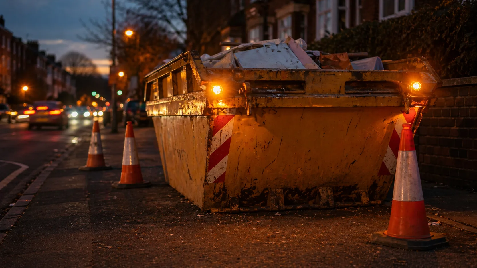 Skip on UK road at dusk with safety lights, reflective markings, and cones
