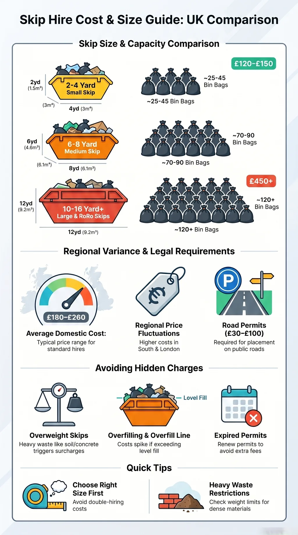 UK skip hire cost and size comparison infographic showing skip capacities, bin bag equivalents, prices, permits, and hidden charges.&nbsp;