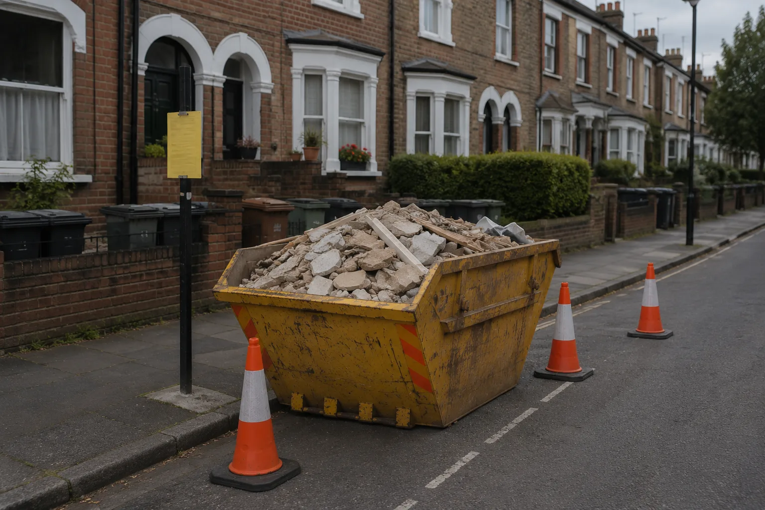 Roadside skip hire in the UK requiring council permit and safe placement