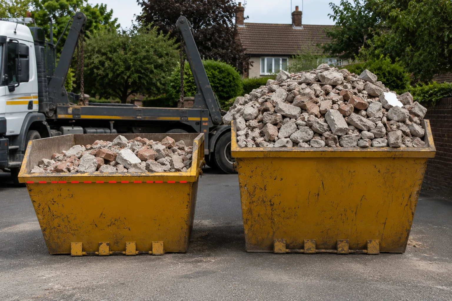 Comparison of properly filled and overloaded skip with heavy building waste.
