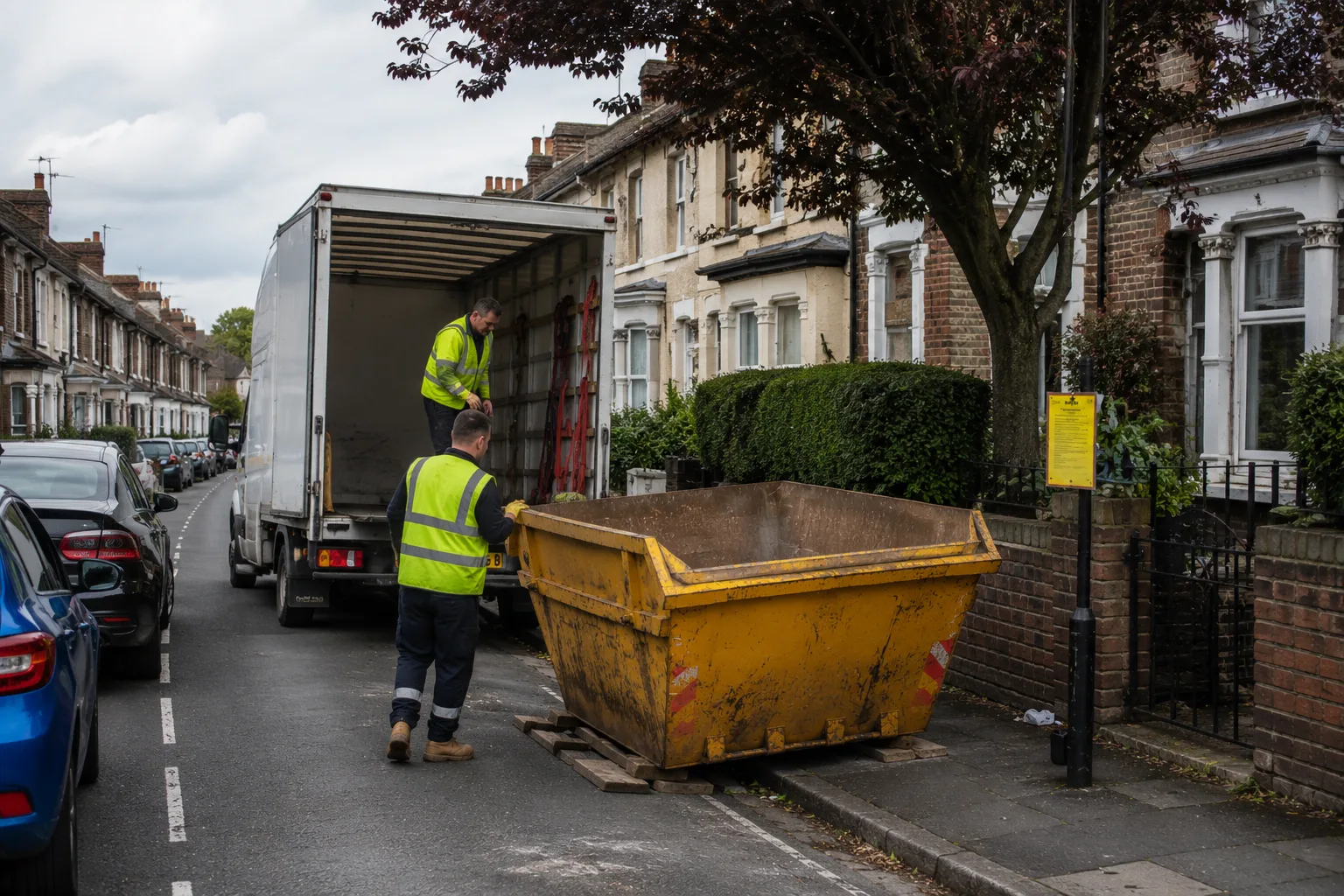 Roadside skip delivery in residential UK street with permit and access considerations.