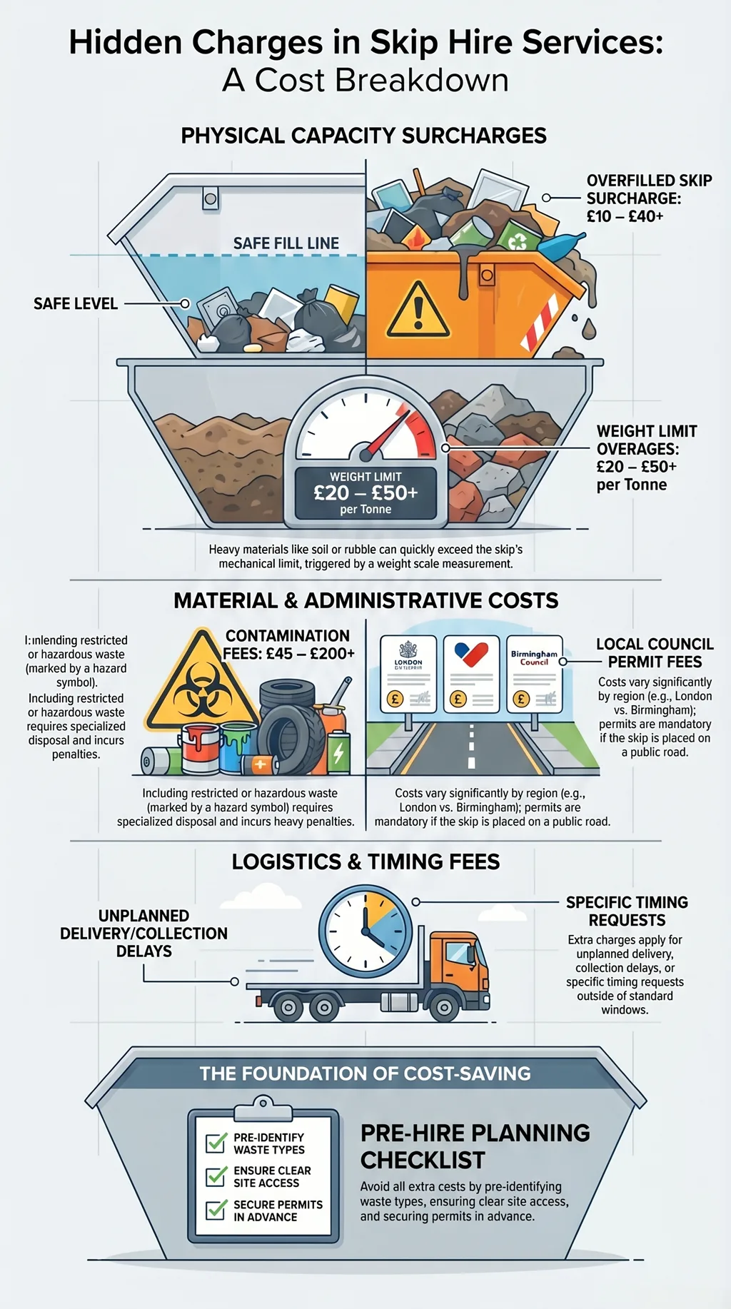Infographic showing hidden skip hire charges including overfill, weight limits, permits, delivery fees, and cost-saving planning checklist.