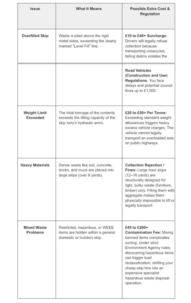 Table outlining common skip hire issues, including overfilled skips, exceeded weight limits, heavy materials, mixed waste problems, and related extra costs or fines.