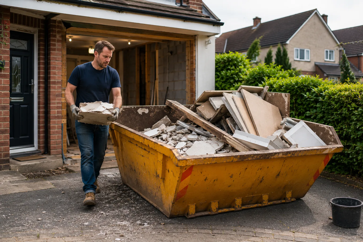 Domestic skip used for home renovation waste during a UK house improvement project&nbsp;