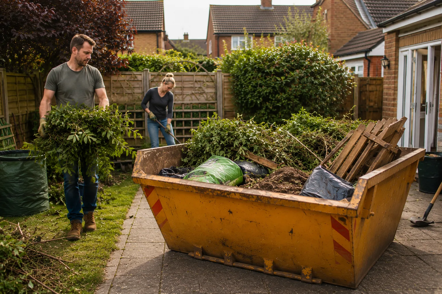 Domestic skip for garden clearance and green waste removal at a UK home&nbsp;