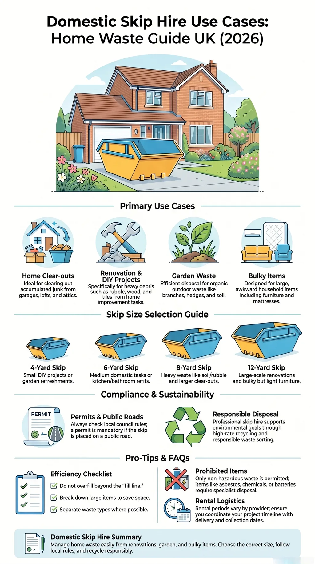 Domestic skip hire infographic showing UK home, skip sizes, renovation, garden waste, permits, and responsible household waste management.